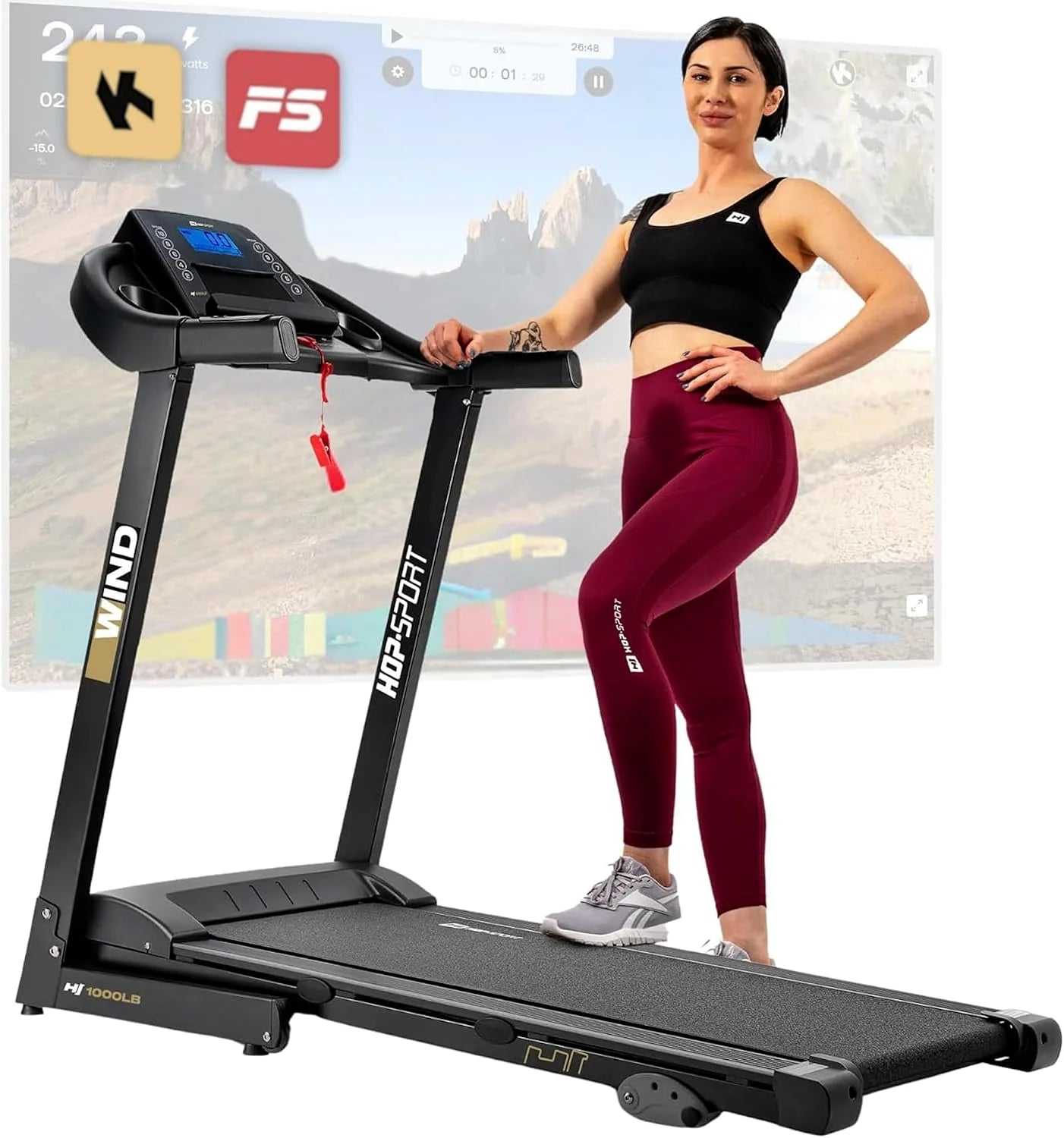 Hop-Sport Loopband HS-1000LB Elektrische Wandelmachine, 12 Programma's, Bluetooth, 0,8 tot 14 km/u, Motor: 2,0 pk, Transportwielen tot 150 kg(Grijs)