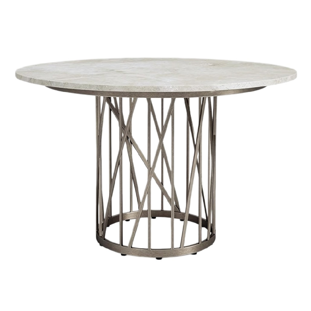 Moderne ronde tafel met metalen onderstel en betonblad