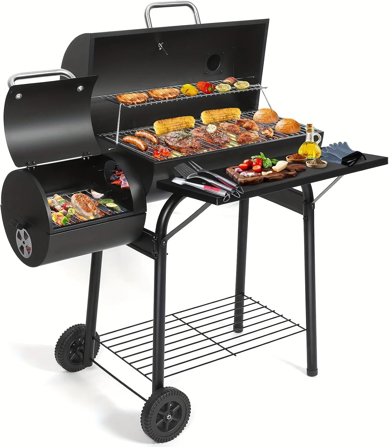 Houtskoolgrill met offset roker - outdoor trommelgrill voor barbecue, perfect voor tuin, terras en camping, koken, ideaal voor kleine ruimtes(M)