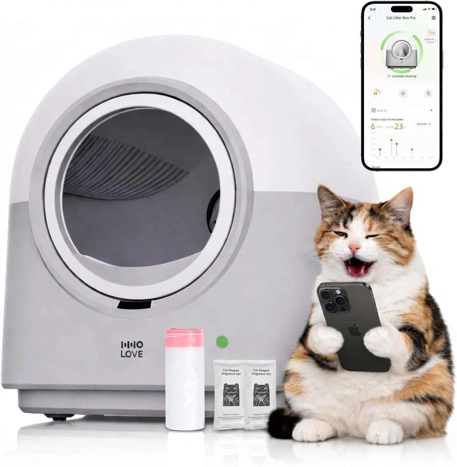 Automatische kattenbak, zelfreinigende HHOlove met veiligheidssensoren, geurbestrijding, realtime gezondheids- en gewichtsmonitor, ultrastil, 60 l, grote capaciteit voor meerdere katten, met 1