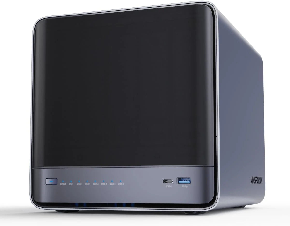 MINISFORUM N5 Air 5-Bay Desktop NAS Barebone with up to 174 GB storage, AMD Ryzen 7 255 (8C/16T) CPU, Dual DDR5 RAM (up to 96 GB), 1x 10GbE, 1x 5GbE, 2x USB4 (8K), HDMI 8K, OCuLink, 3x M.2 slots(N5A-H255(16+0+64))