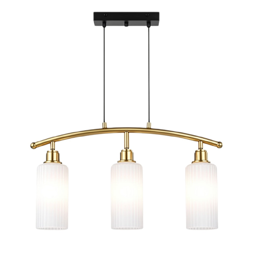 Hanglamp met drie glazen kappen en gouden accenten