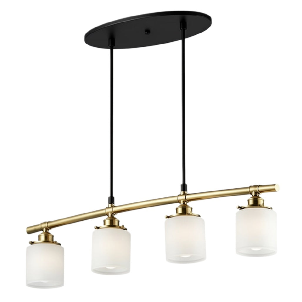 "Moderne Hanglamp met 4 Witte Glaslampen en Gouden Accenten"