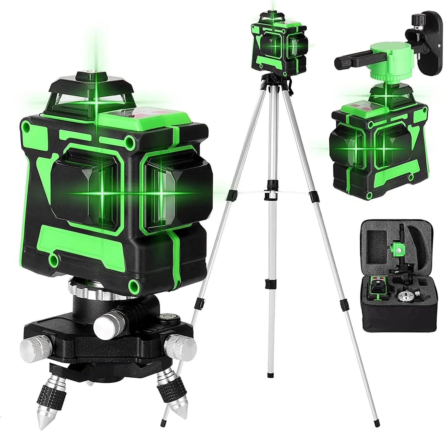 Kruislijnlaser Groen Kit, 12 Lijnlaser Waterpas 30 m Waterpas 360° Kruislijnlaser Zelfnivellerend + 1,5 m Statief + 4800 mAh Batterij