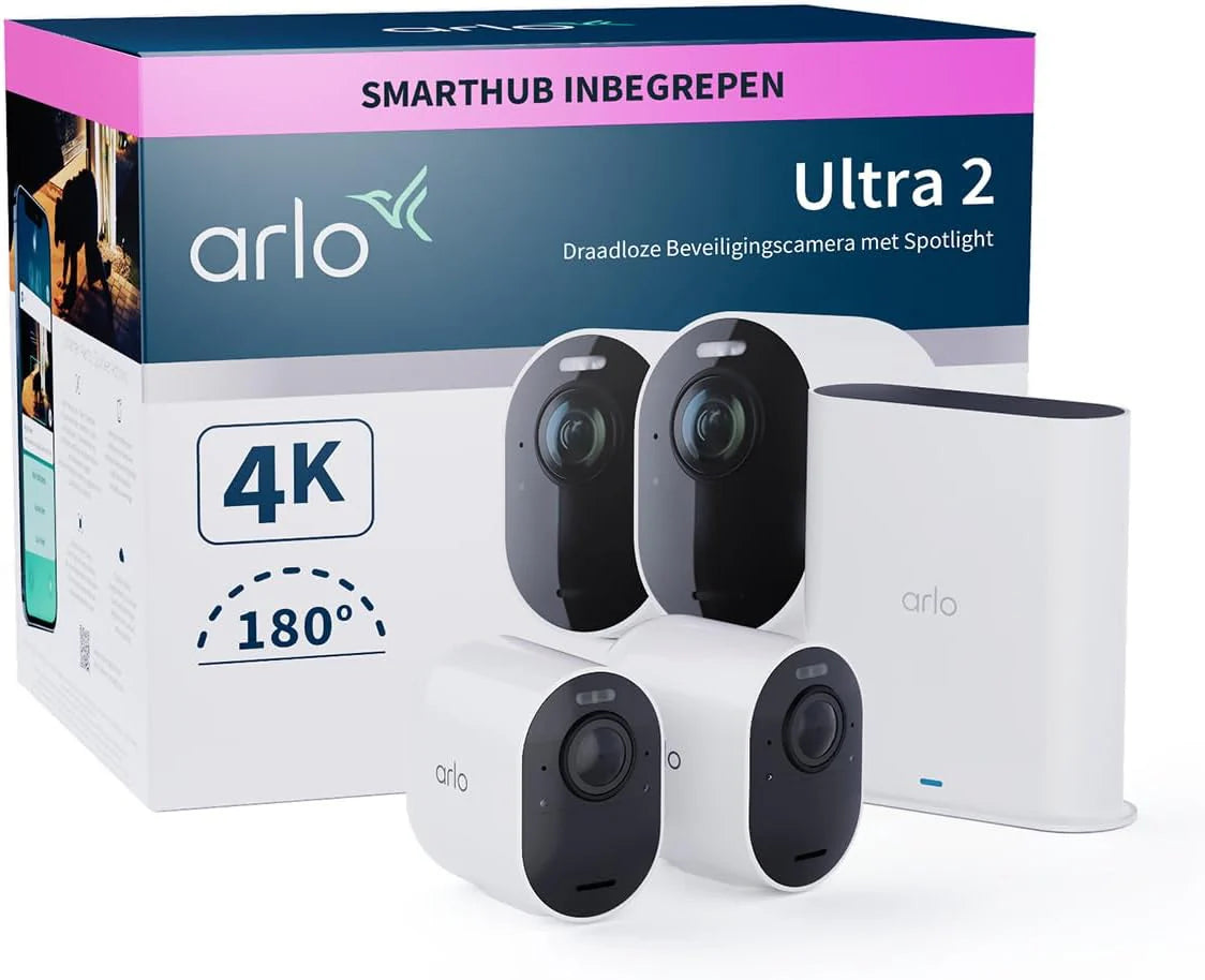 Arlo Ultra 2 draadloze WiFi-beveiligingscamera voor buiten, 4K UHD, 180˚ kleurennachtzicht, sirene, bewegingsdetectie, 2-weg-audio, Smart Hub inbegrepen, incl. proefp. Arlo Secure, 3 cam-kit, wit(Ultra 2/Wit/2 Camera)
