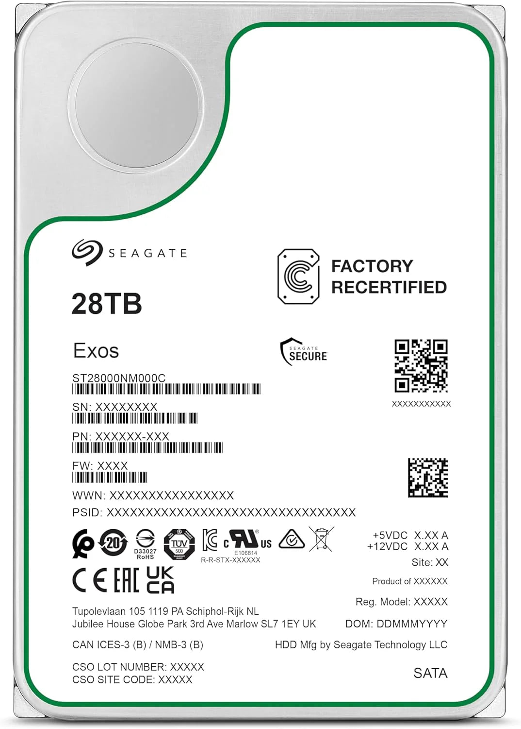 Seagate Exos 28TB interne server harde schijf ST28000NM000C 3,5 inch HDD SATA 6 Gb/s 7200RPM 512MB cache (Refurbished)