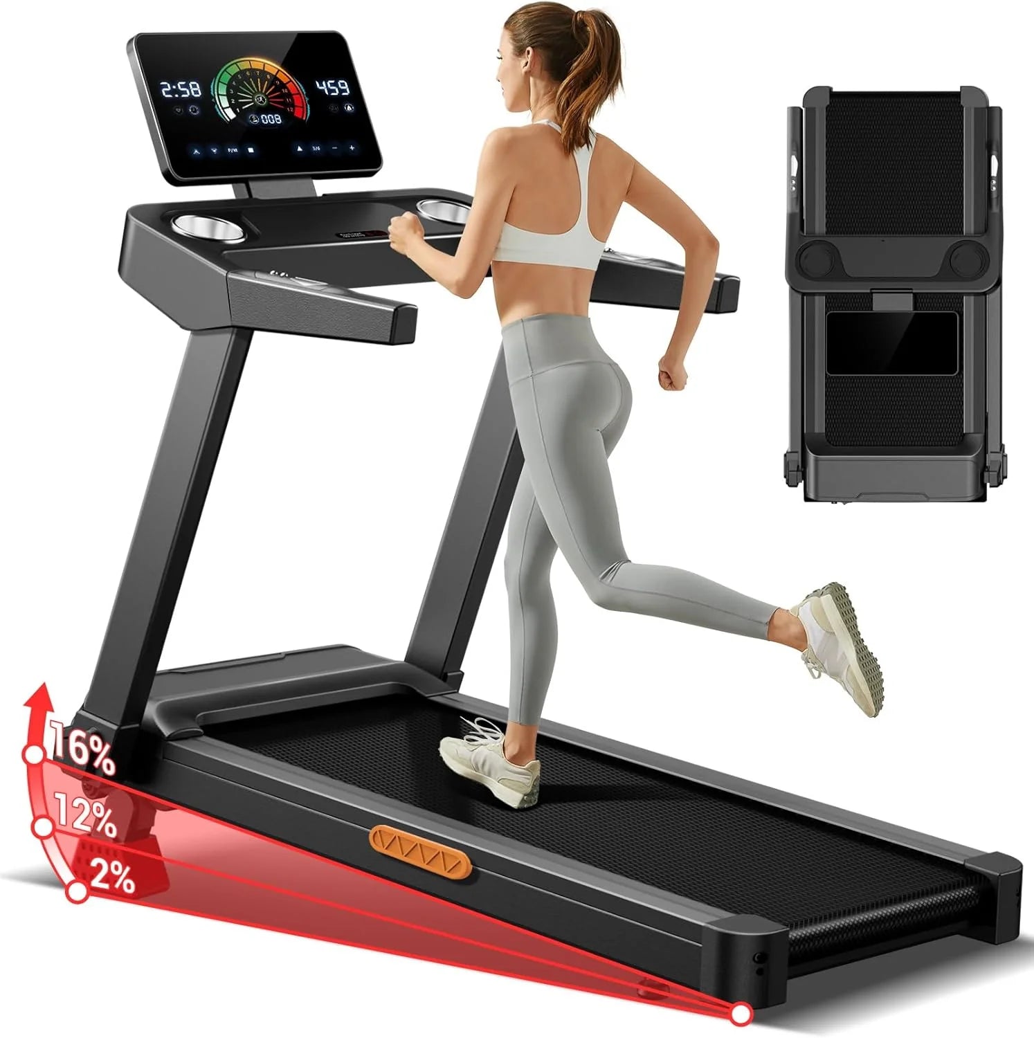 UMAY Loopband voor thuis met helling 16%, maximale snelheid 14 km/u, inklapbare loopband, met hartslagmeter, stille 3.5 PK motor, LED-display, maximale belasting 180 kg(Zwart)