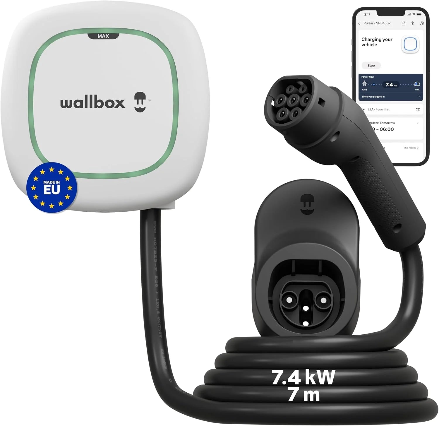 Wallbox Pulsar Max oplader voor elektrische voertuigen (7,4 kW, type 2, WLAN, Bluetooth, OCPP, indoor/outdoor, 7 m, eenvoudige installatie) wit