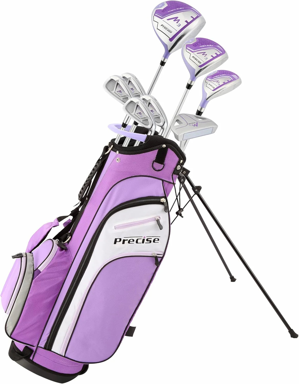 Precise M3 Petite Women’s Right Handed Complete Golf Club Set Includes 12* Driver, 3 Wood, 21* Hybrid, 6-9 Cavity Back Irons, Pitching Wedge, Putter, Deluxe Stand Bag  3 Headcovers | Stylish Purple