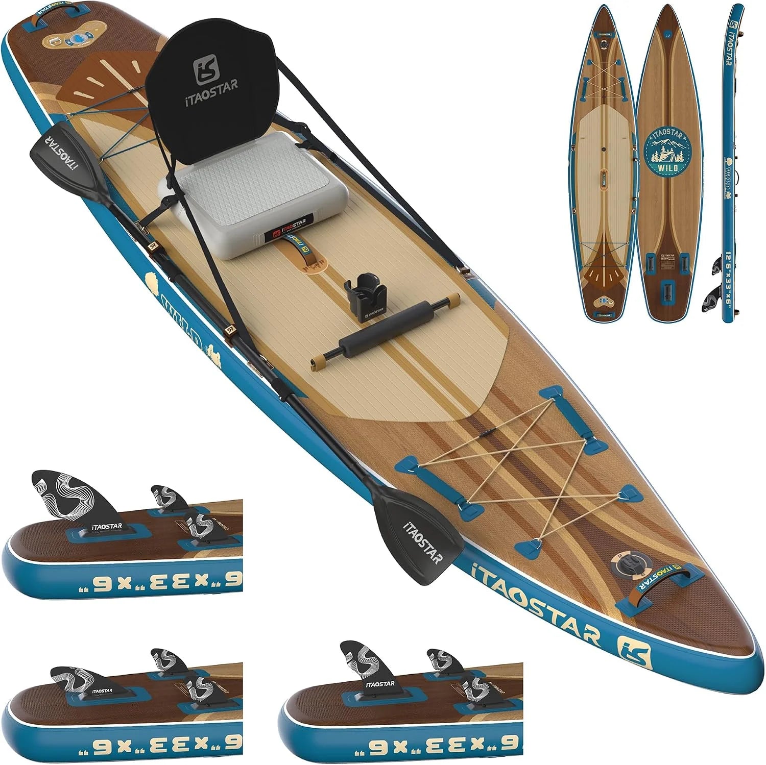 iTAOSTAR Wild Opblaasbaar paddleboard met zitting, one-stop premium SUP-boardversnellingen, op maat gemaakte 5 vinnen, stabiele opblaasbare stand-up paddleboards voor jeugd/volwassenen van alle(12'6×33"×6")