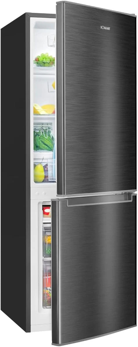 Bomann, 173L koelkast en vriezer KG7359-zwart, 121L koelkast, 52L 4-sterren vriezer, temperatuurregeling, LED-verlichting, omkeerbaar ontwerp, ideaal voor moderne keuken(Noir)