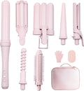 Curling Iron Set 7-in-1, multi-kruller wandset met 5 verwisselbare barrels (0,6-1,25 inch), krimper styling tools, verwarmde ronde borstel, haarstijltang en keramische coating met roze