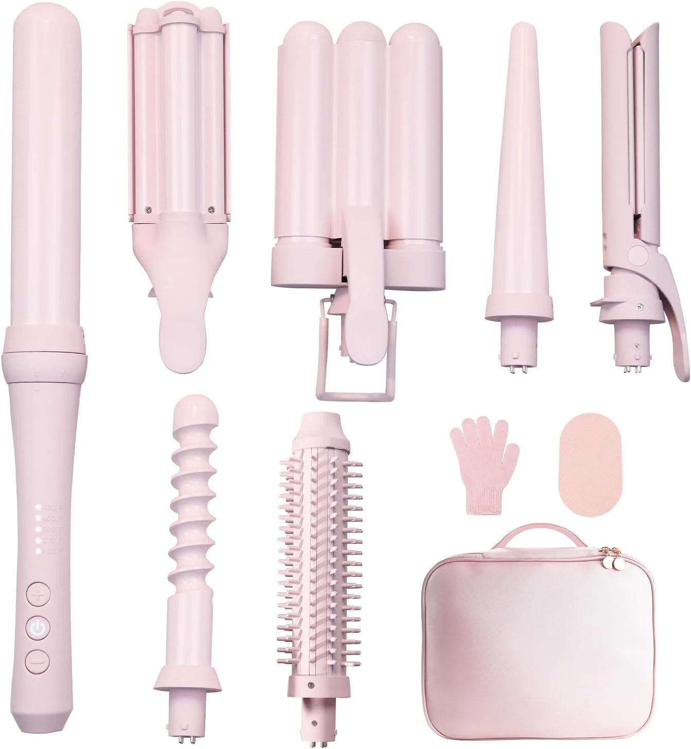 Curling Iron Set 7-in-1, multi-kruller wandset met 5 verwisselbare barrels (0,6-1,25 inch), krimper styling tools, verwarmde ronde borstel, haarstijltang en keramische coating met roze