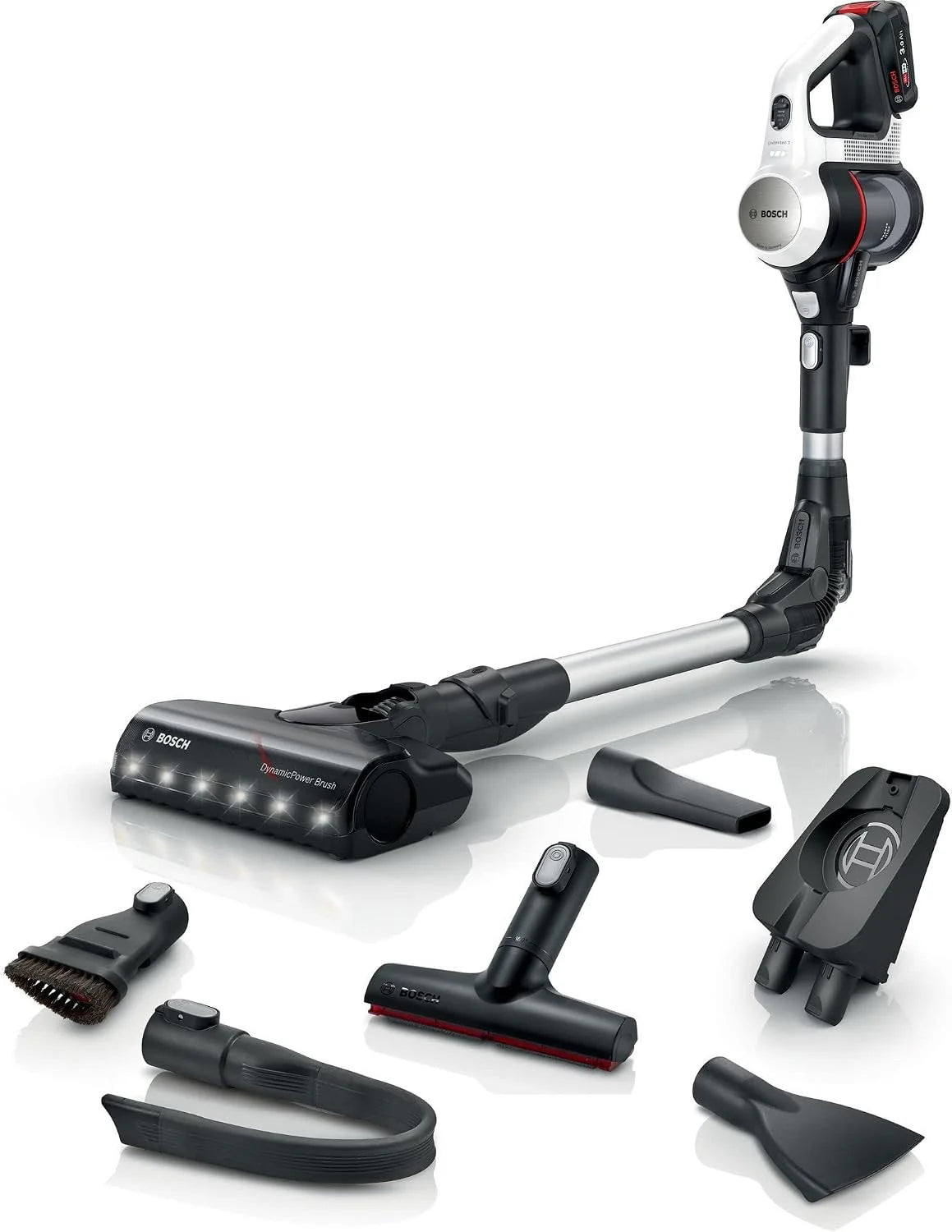 Bosch Accustofzuiger Unlimited 7 BSS711W, snoerloze handstofzuiger, zakloos, wisselaccu, knikbuis, hygiënefilter, 10 jaar motorgarantie, XXL-zuigmond, ledverlichting, turbostand, wit