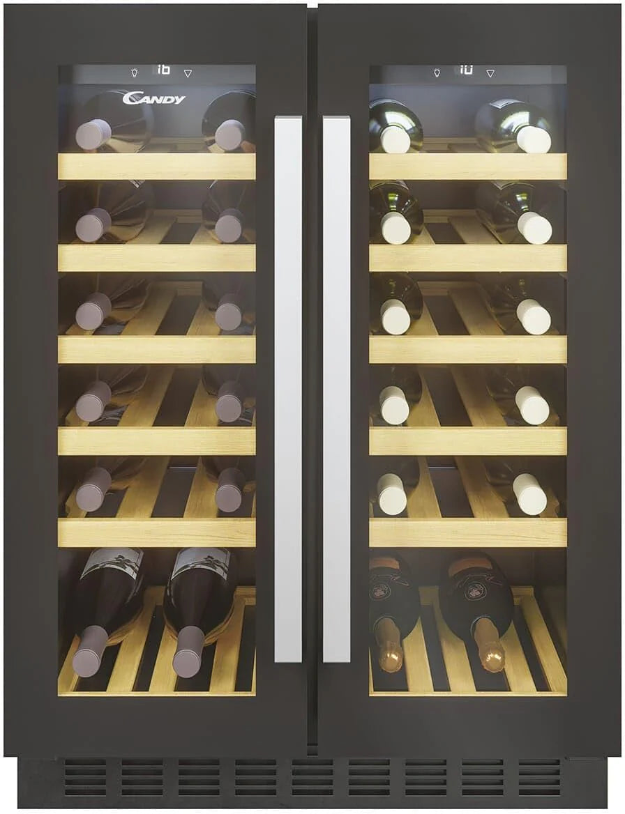 Candy DiVino CCVB 30/1 Wijnkast, integreerbaar, 58 l, 20 flessen, omkeerbare deur, 6 etages, anti-uv-behandeling, trillingscompressor, led, temperatuur van 5 tot 18 °C, 39 dB, klasse F, zwart(38 botellas)
