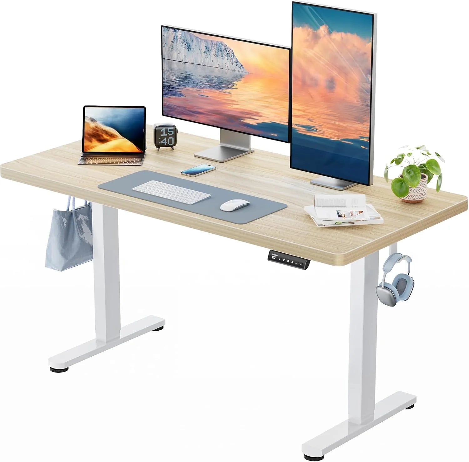 HUANUO In hoogte verstelbaar bureau, 120 x 80 cm, 25 mm, heel tafelblad met borstelloze motor, ergonomisch bureau, in hoogte verstelbaar, eenvoudige montage, elektrisch sta-bureau voor thuiskantoor(120*80cm/Natuurlijk + wit.)