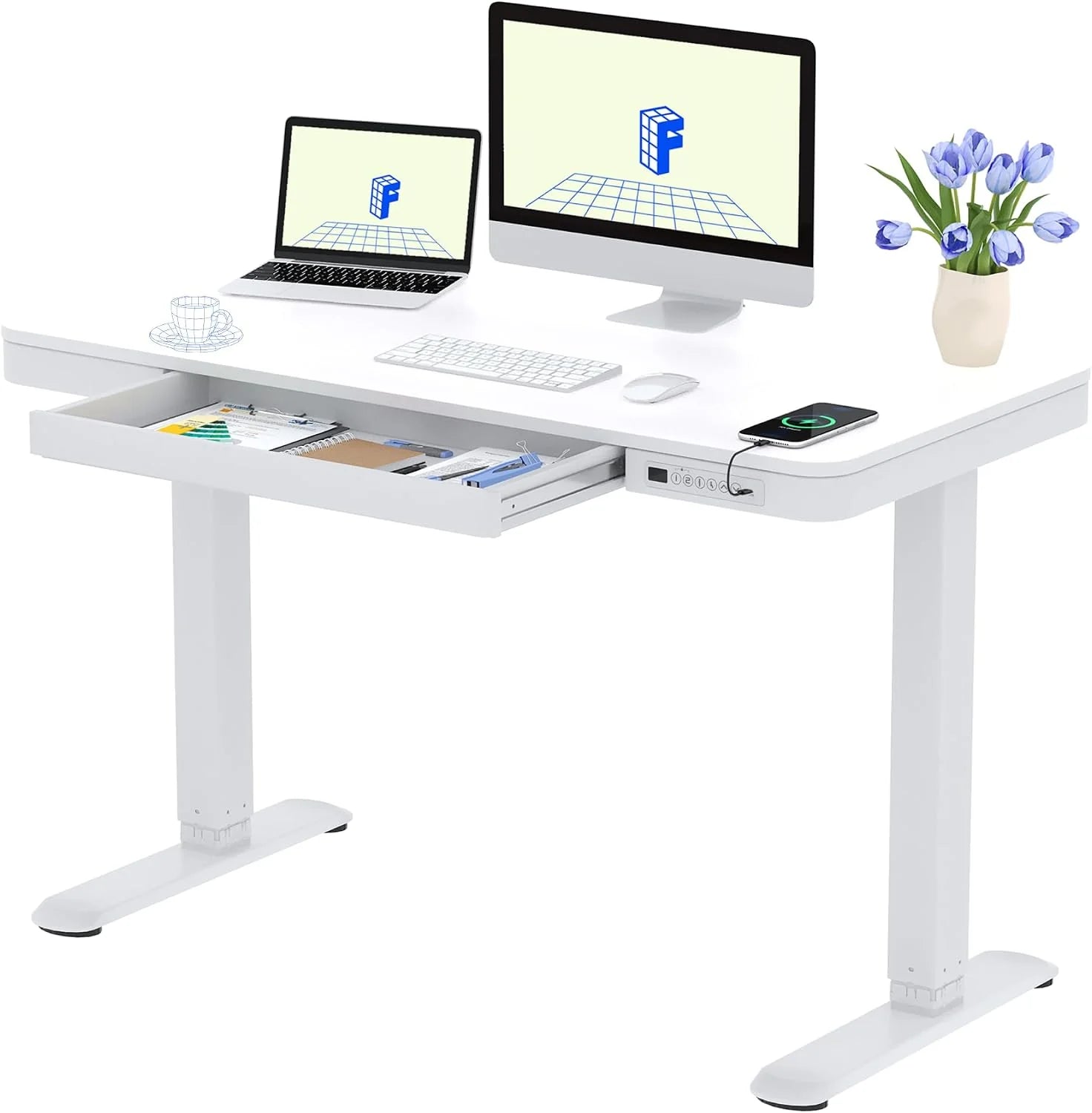 FlexiSpot Elektrisch in hoogte verstelbaar bureau met led-hoogteweergave, geheugenfunctie en USB, elektrisch bureau met lade voor thuiskantoor 140 x 70 cm (Esdoorn)(120 x 60 cm/Wit)
