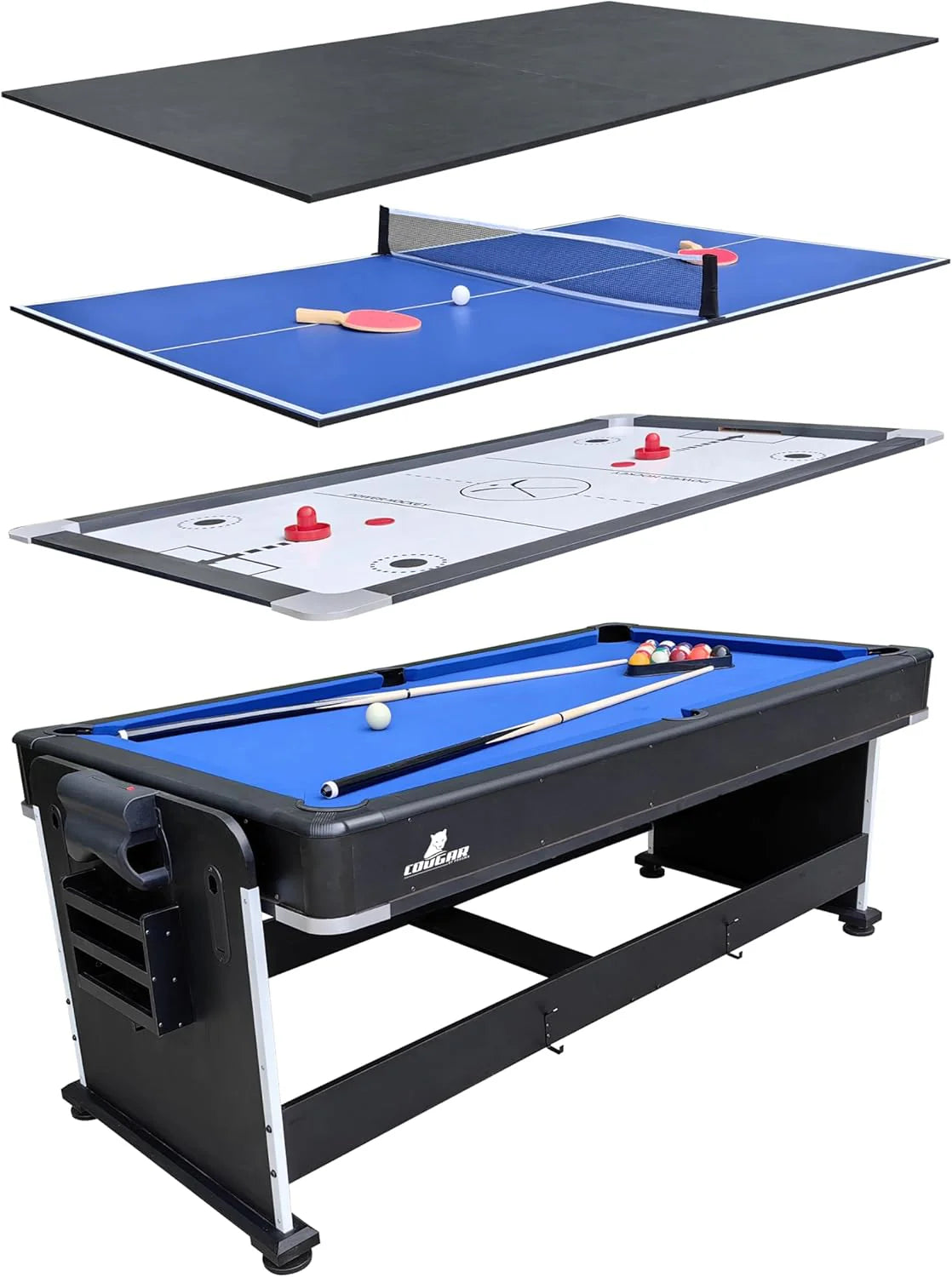 Cougar All-in-One 4-in-1 Multi speeltafel Zwart | Pooltafel / airhockeytafel / tafeltennistafel / eettafel | Inclusief accessoires
