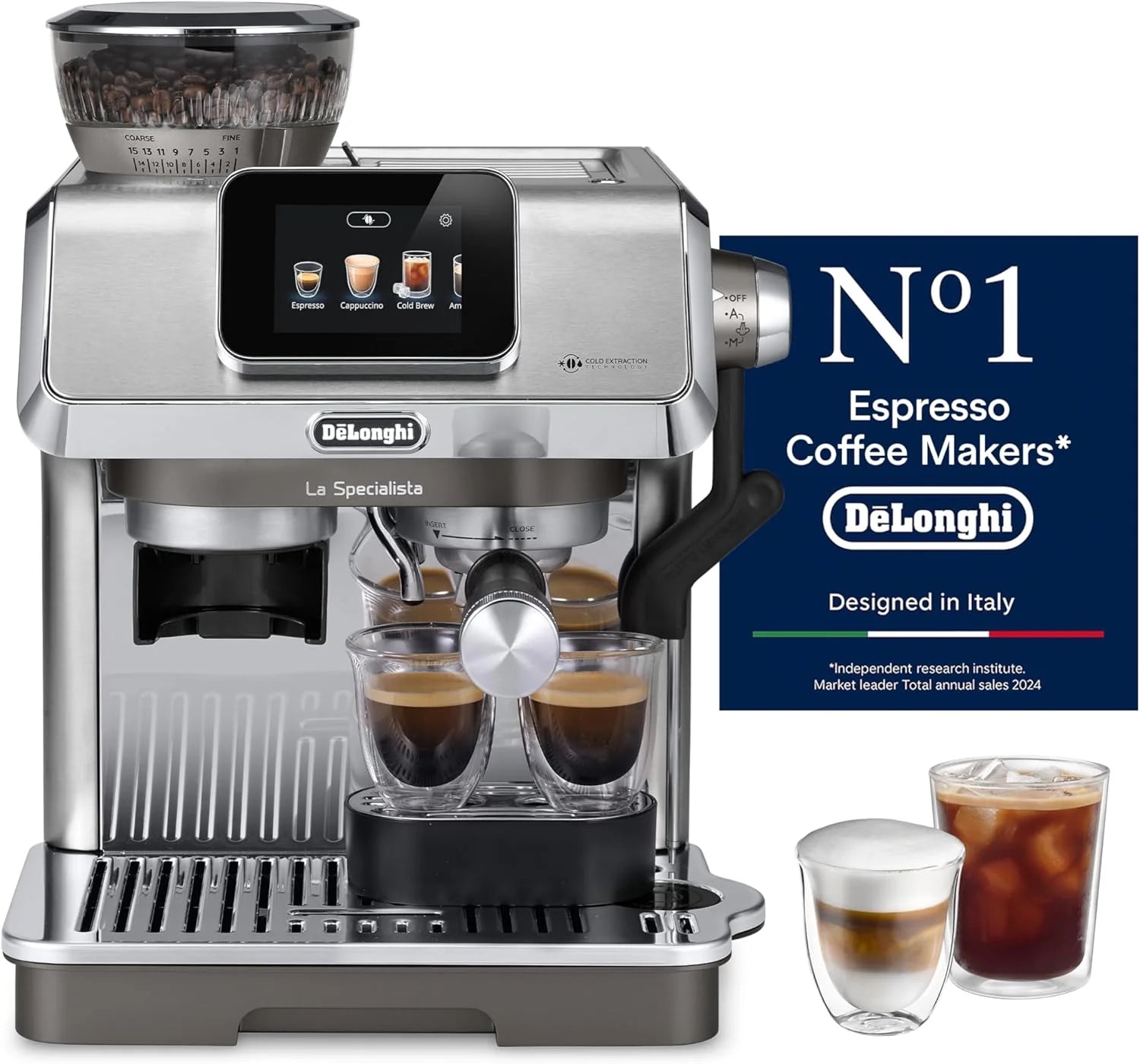 De'Longhi La Specialist Touch EC9455.M Espressomachine met koffiemolen, koude brouwfunctie, automatisch en handmatig melkopschuimen, 10 directe recepten, touchscreen, inclusief set(Met Cold Brew en touchscreen/Metaal)